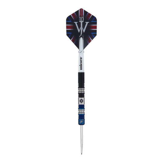 Unicorn The Machine James Wade Two-Tone Steel Darts Das Bild zeigt einen Steeldart der Marke "Unicorn The Machine James Wade Two-Tone". Der Dart hat ein schwarz-blaues Design und ein Flight mit einem auffälligen Muster.