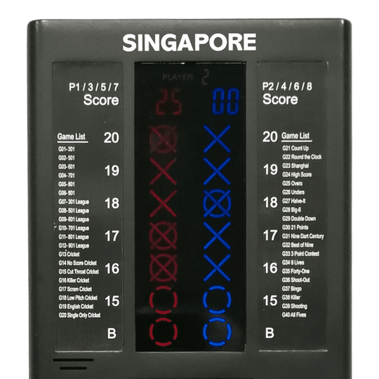 Das Bild zeigt den XQMax Singapore Darts Counter, ein elektronisches Anzeigegerät für Dartspiele. Es besitzt eine digitale Anzeige für die Punktestände sowie eine Übersicht verschiedener Spielmodi auf beiden Seiten des Displays.
