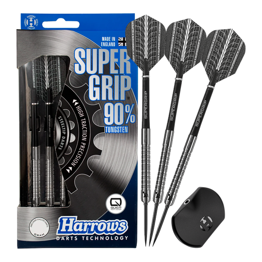 Harrows Supergrip 90 Quick Point Steel Darts Zu sehen sind Harrows Supergrip 90 Quick Point Steeldarts. Der Dart ist in voller Länge abgebildet.