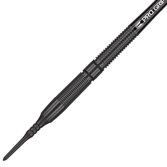 Auf dem Bild ist ein schwarzer Softdart der Marke Target Gabriel Clemens Black Edition – 19g zu sehen. Der Dart hat eine strukturierte Griffzone und eine schwarze Kunststoffspitze.