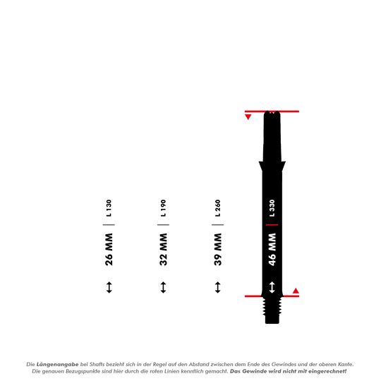 L-L-Style-Shafts Silent Straight - Black Das Bild zeigt vier unterschiedlich lange Dartschäfte mit Längenangaben in Millimetern (26 mm, 32 mm, 39 mm und 46 mm). Die Messpunkte für die Längen sind durch rote Linien markiert, und das Gewinde wird bei der Längenermittlung nicht mit einberechnet.