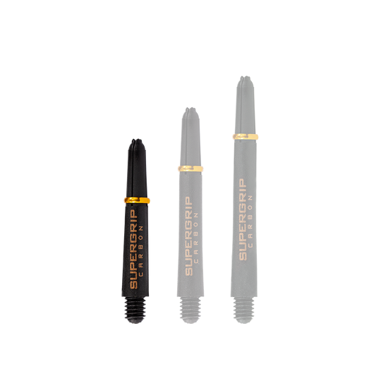 HR351_Harrows_Supergrip_Carbon_Shafts_Gold_33mm_1 Das Bild zeigt drei Harrows Supergrip Carbon Shafts in der Farbe Gold in unterschiedlichen Längen. Die Dartschäfte sind schwarz mit goldenen Akzenten und der Aufschrift "Supergrip Carbon".