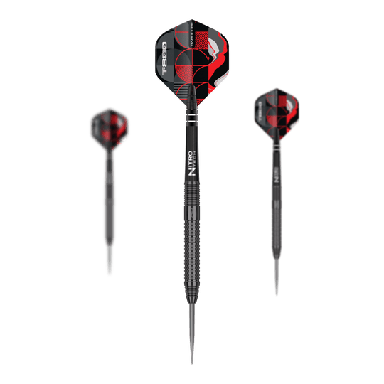 Red Dragon T-800 Steeldarts Das Bild zeigt drei Red Dragon T-800 Steeldarts mit schwarzem Schaft und rot-schwarzen Flights. Die Darts sind modern und robust gestaltet, ideal für Präzisionswürfe.