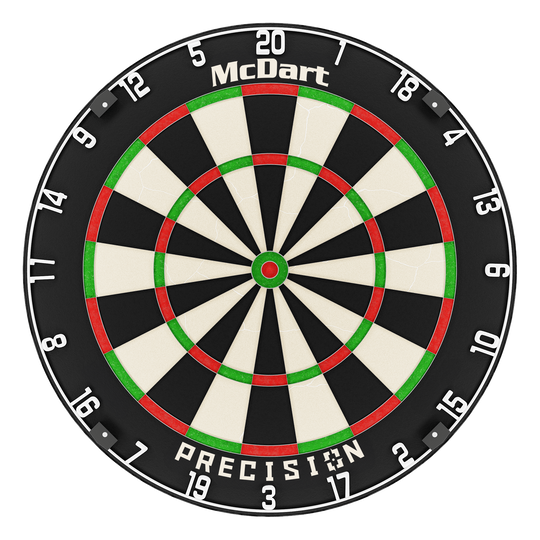 McDart Precision steel dartboard Das Bild zeigt eine McDart Precision Steeldartboard. Die Scheibe ist schwarz, weiß, rot und grün gefärbt und hat gut sichtbare Zahlen am Rand.