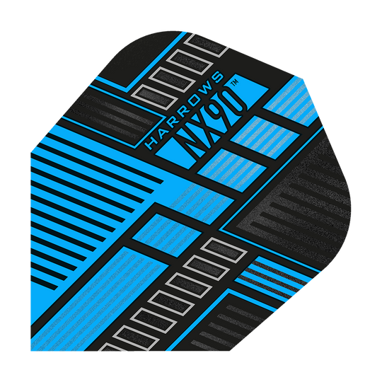 Das Bild zeigt das Produkt "Harrows Prime NX90 Blue Flights". Das Design ist modern mit schwarzen, blauen und silbernen geometrischen Linien und Mustern.