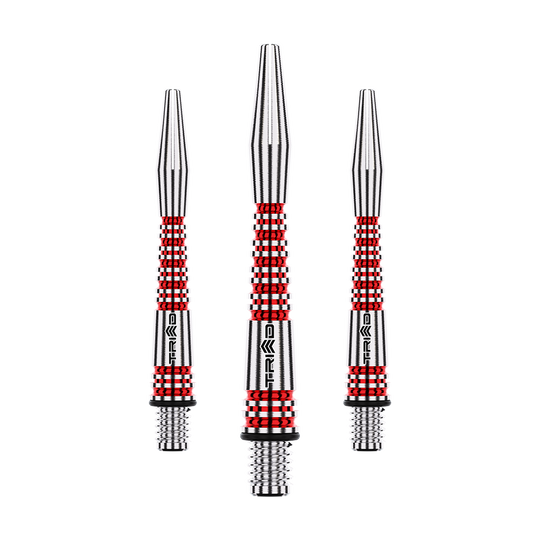 Das Bild zeigt drei rote und silberne Aluminium-Schäfte für Dartpfeile. Sie sind mit dem Schriftzug "TRIAD" bedruckt und gleichmäßig angeordnet.