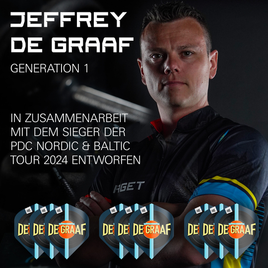 Das Bild zeigt Jeffrey de Graaf neben dem Produkt "Target Pro Ultra Jeffrey De Graaf GEN1 No2 Standard Flights - 3 Sets". Unten im Bild sind die drei Sätze der Flights mit dem Aufdruck "DE GRAAF" zu sehen.