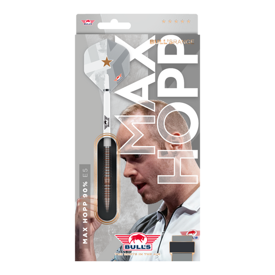 Das Bild zeigt die Bulls NL Max Hopp E5 Softdarts in der Version mit 20 Gramm. Die Darts zeichnen sich durch ihre hochwertige Verarbeitung aus.