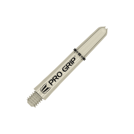 Das Bild zeigt einen beigen Dart-Schaft mit der Aufschrift "Pro Grip". Der Schaft hat ein Gewinde an einem Ende und ist 34 mm lang.