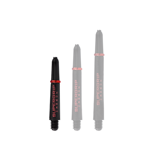 HR357_Harrows_Supergrip_Carbon_Shafts_Rot_33mm_1 Das Bild zeigt drei Dartschäfte der Marke "Harrows Supergrip Carbon" in Rot. Die Schäfte sind in verschiedenen Längen dargestellt und haben ein schwarzes Design mit roten Akzenten.