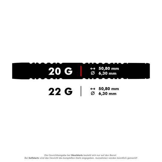 2431_Winmau_Michael_Van_Gerwen_MvG_Absolute_Softdarts_5_20g Das Bild zeigt die Produktdetails der Winmau Michael Van Gerwen MvG Absolute Softdarts. Die Darts wiegen 20 Gramm und haben eine Länge von 50,80 mm sowie einen Durchmesser von 6,30 mm.