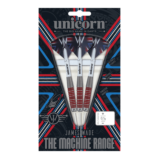Das Bild zeigt eine Verpackung mit drei Steeldarts der Marke "Unicorn" aus der "James Wade The Machine Range". Die Darts bestehen zu 90% aus Tungsten und haben rote und silberne Akzente.