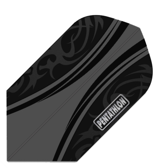 Pentathlon-Flight-PNT1062-Grey Das Bild zeigt einen schwarzen Dart Flight mit dem Namen "Pentathlon Slim Black Flights P195". Auf dem Flight sind Muster und das Wort "Pentathlon" zu sehen.
