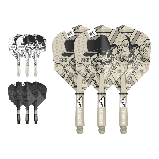 Das Bild zeigt drei unterschiedlich gestaltete Dartflights und -schäfte mit einem Totenkopf-Motiv und dem Text "Dream Maker". Die Designs sind in den Farben Beige, Schwarz und Weiß gehalten.