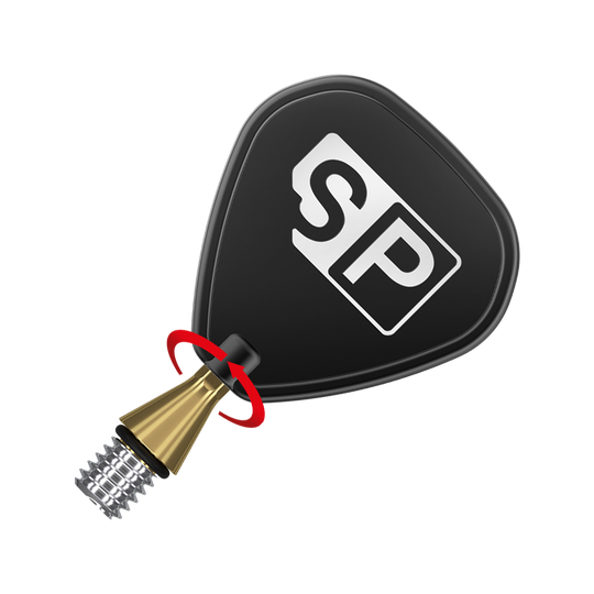 Das Bild zeigt die Target Swiss Point Nano Conversion Points in Goldfarbe. Im Vordergrund ist die goldene Spitze mit einem schwarzen Flight und dem weißen "SP"-Logo zu sehen.