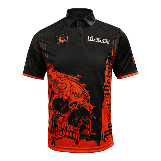 Harrow's Ryan Searle Heavy Metal Player Shirt Das Bild zeigt das Harrows Ryan Searle Heavy Metal Playershirt. Es ist ein spezielles Dartshirt, das für Spieler entworfen wurde.