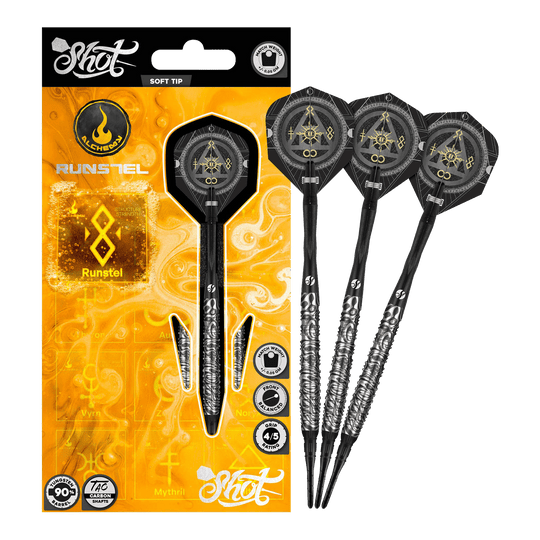 Shot Alchemy Runstel Soft Darts - 20g Das Bild zeigt die Shot Alchemy Runstel Softdarts mit 20 Gramm Gewicht. Die Darts sind vollständig und detailliert abgebildet.