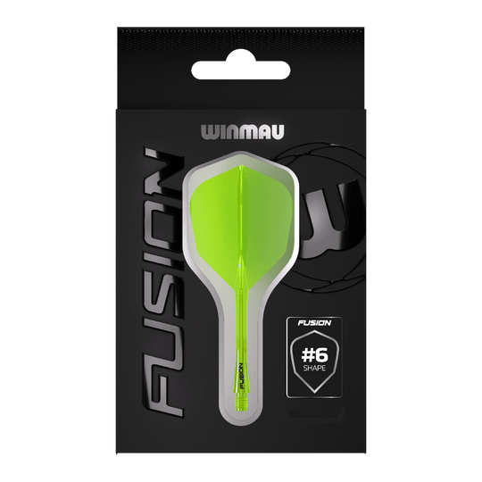 Winmau Fusion Flight Shaft System No6 Neon Yellow Auf dem Bild ist eine Packung Winmau Fusion Flight Shaft System in Neon-Gelb zu sehen. In der Mitte der Verpackung befindet sich ein Flightsystem in Form #6.