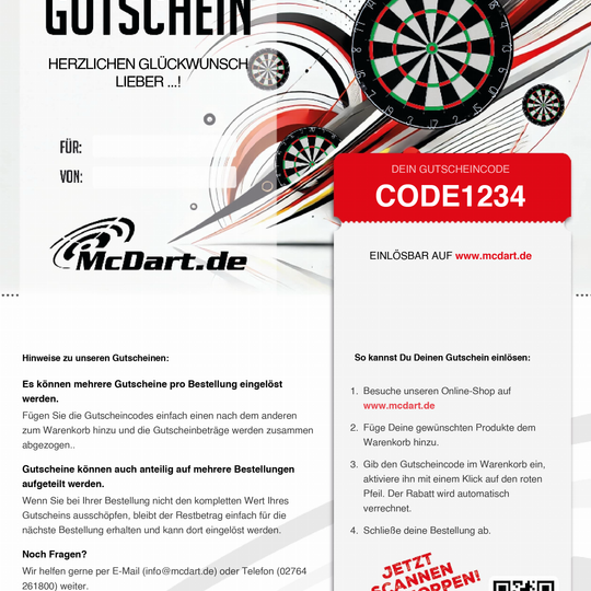 Voucher - Dartboards Das Bild zeigt einen Gutschein für Dartboards von McDart.de mit einem individuellen Gutscheincode. Im Design sind mehrere Dartboards sowie Hinweise zur Einlösung des Gutscheins abgebildet.