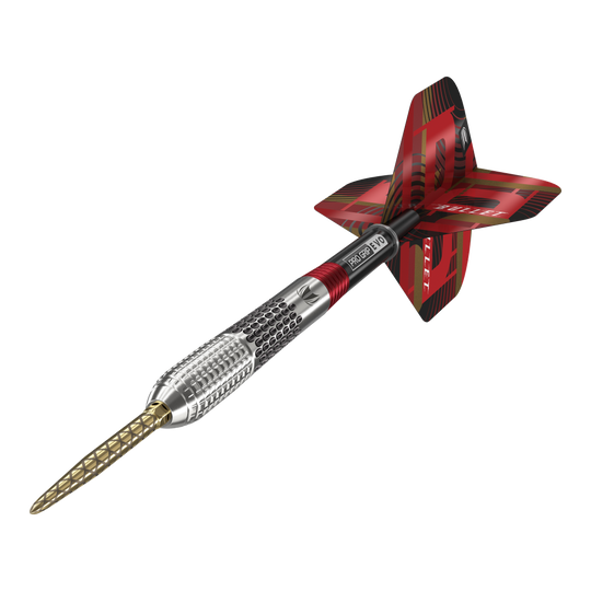 Target Stephen Bunting GEN5 Swiss Point Steel Darts Das Bild zeigt einen Target Stephen Bunting GEN5 Swiss Point Steeldart. Der Dartpfeil hat ein auffälliges Design mit silbernem Schaft, goldener Spitze und roten Flights.