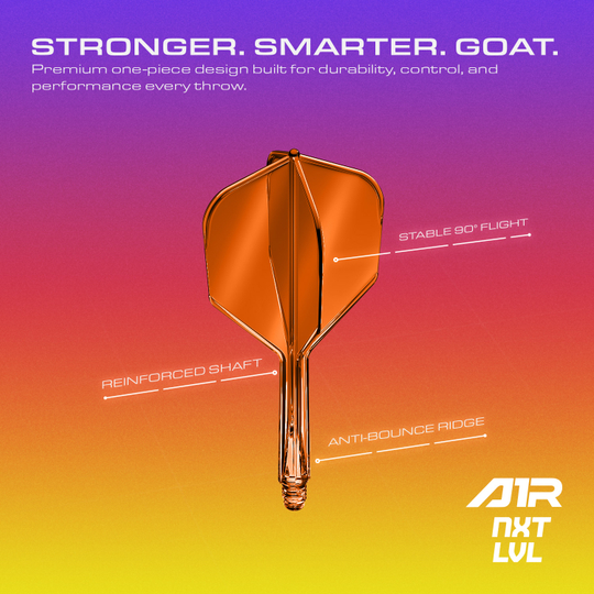 GOAT A1R No6 Flight Shaft System - Neon Orange Das GOAT A1R No6 Flight-Shaft-System in Neon Orange ist auf diesem Bild abgebildet. Die farbenfrohe Gestaltung macht es besonders ansprechend für Dartspieler.