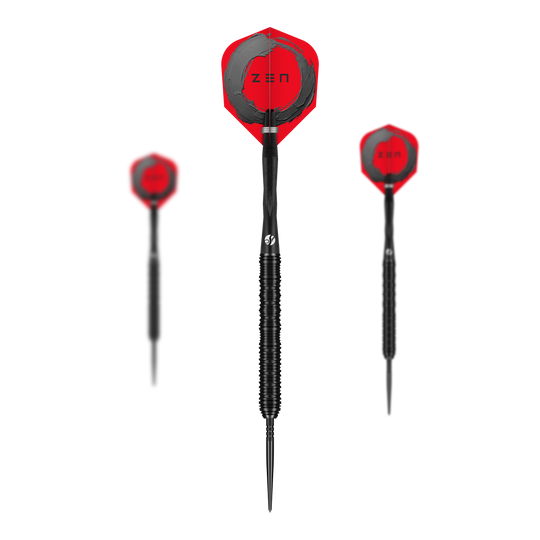 Shot ZEN Straight Turbo Point Steel Darts - 23g Zu sehen ist ein Set der Shot ZEN Straight Turbo Point Steeldarts in 23g. Dieses Darts-Set eignet sich perfekt für anspruchsvolle Dartspieler.