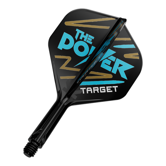 Target K-Flex Phil Taylor No2 Standard Flight Shaft System Das Bild zeigt einen schwarzen Dartflight mit der Aufschrift "THE POWER" in blauer Farbe. Darunter steht das Wort "TARGET" in weißer Schrift.
