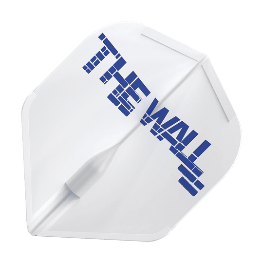 Das Bild zeigt ein weißes Dart-Flight mit der Aufschrift "THE WALL" in blauen Buchstaben. Es handelt sich um das Produkt "L-Style Martin Schindler Weiß L1EZ Flights".