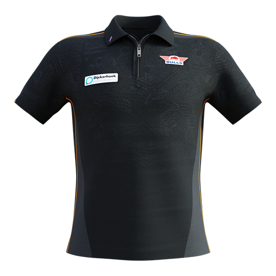 Bulls NL Dirk Van Duijvenbode match shirt 2025 Das Bild zeigt ein schwarzes Matchshirt mit kurzen Ärmeln und orangefarbenen Akzenten. Auf der Brust sind das Bulls NL Logo und ein Sponsorenaufnäher zu sehen.