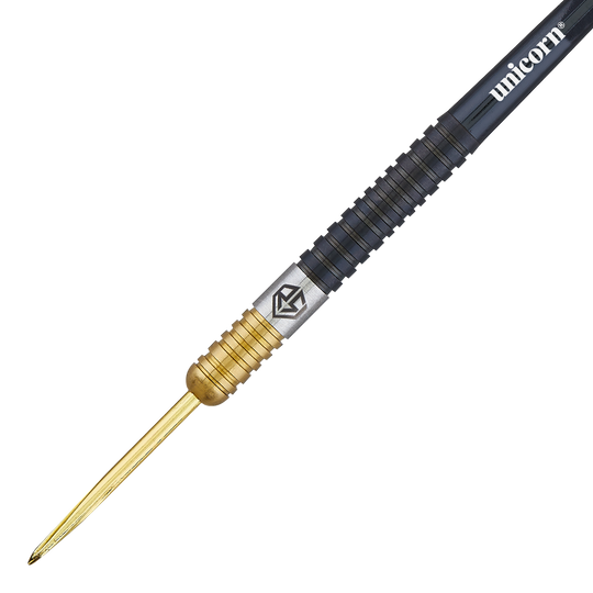 Unicorn Ross Smith Two-Tone Steel Darts Das Bild zeigt einen Steeldart aus der Unicorn Ross Smith Two-Tone Serie. Der Dart ist zweifarbig mit einem goldenen vorderen Teil und einem schwarzen hinteren Teil gestaltet.