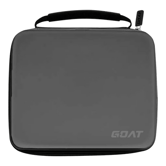 Auf dem Bild ist ein graues Etui mit einem Griff und einem Reißverschluss zu sehen. In der rechten unteren Ecke befindet sich das Logo „GOAT“.