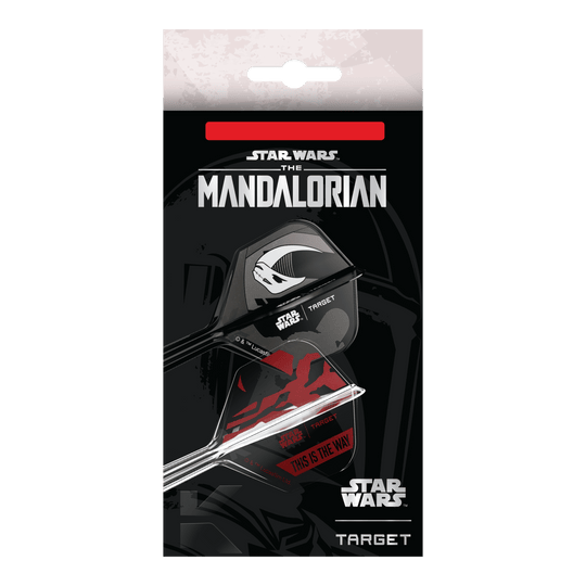 Target Star Wars K-Flex Set Mandalorian No6 Flights Das Bild zeigt das Target Star Wars K-Flex-Set Mandalorian No6 Flights. Das Produkt ist ein Dart-Set mit Mandalorian-Design aus der Star Wars Reihe.