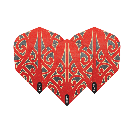 Das Bild zeigt drei Dartflights mit einem roten und schwarzen, kunstvollen Muster. Auf jedem Flight steht unten das Wort "SHOT".
