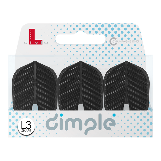 L-Style Flights Dimple Champagne L3PRO Shape Das Bild zeigt eine Packung mit drei schwarzen L-Style Flights Dimple im L3PRO Shape. Die Verpackung ist weiß mit blauen Punkten und der Aufschrift „dimple“.