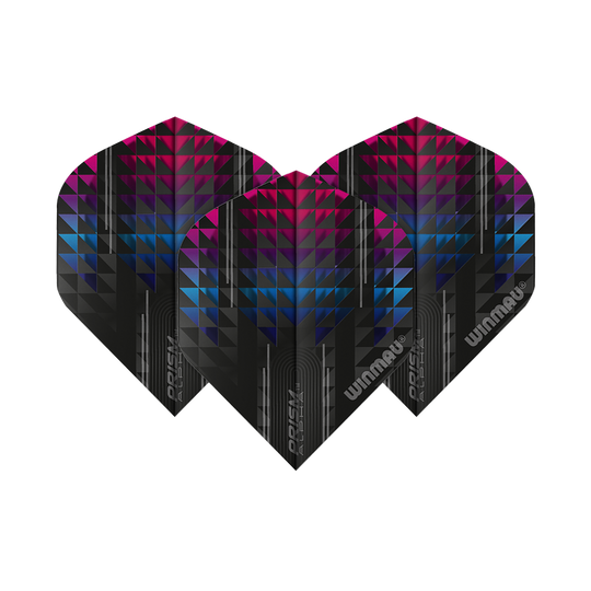 6915-115_Winmua_Prism_Alpha_6915-115_Standard_Flights_1K3smV0njOUW0W Das Bild zeigt drei Winmau Prism Alpha 6915.115 Standard Flights für Dartpfeile. Die Flights haben ein modernes Design mit schwarzen, blauen und pinken geometrischen Mustern.