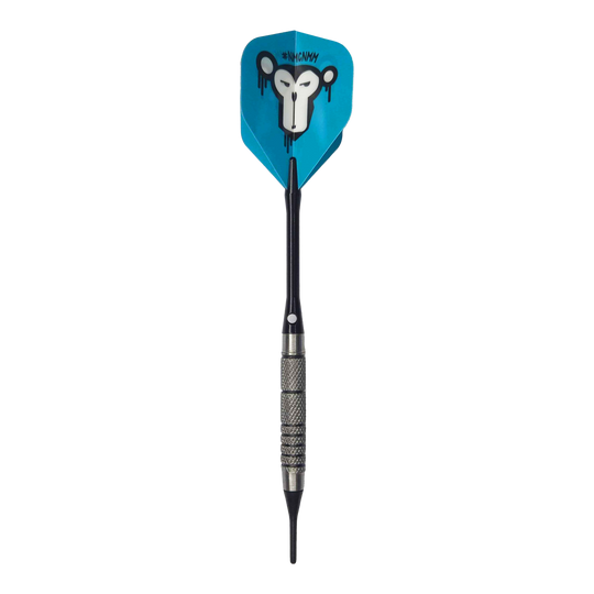 McDart 85 Tungsten V10 Soft Darts - 17.5g Der McDart 85er Tungsten V10 Softdart wiegt 17,5 Gramm und hat einen schwarzen, geriffelten Griff. Die blaue Flight zeigt ein Affengesicht mit künstlerischem Design.
