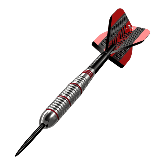 Mission Rogue Brass Steel Darts - 22g Das Bild zeigt einen Mission Rogue Brass Steeldart mit einem Gewicht von 22g. Der Dartpfeil hat ein silbernes Griffstück mit roten Akzenten und rote Flights.