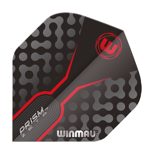 Das Bild zeigt das Produkt "Winmau Prism Zeta GreyRed Standard Flights". Das Flight ist in den Farben Grau, Rot und Schwarz mit modernen Mustern gestaltet.
