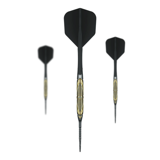 Auf dem Foto sind die Caliburn Halo H2 Steeldarts - 22,5g als komplettes Set zu sehen. Die Steeldarts liegen nebeneinander angeordnet.