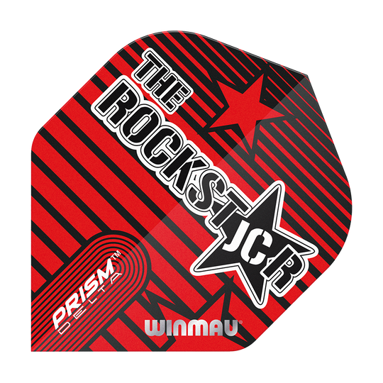 Das Bild zeigt ein Dartflight mit einem roten und schwarzen Streifendesign. Darauf stehen die Wörter "THE ROCKSTAR", "PRISM DELTA" und "WINMAU".