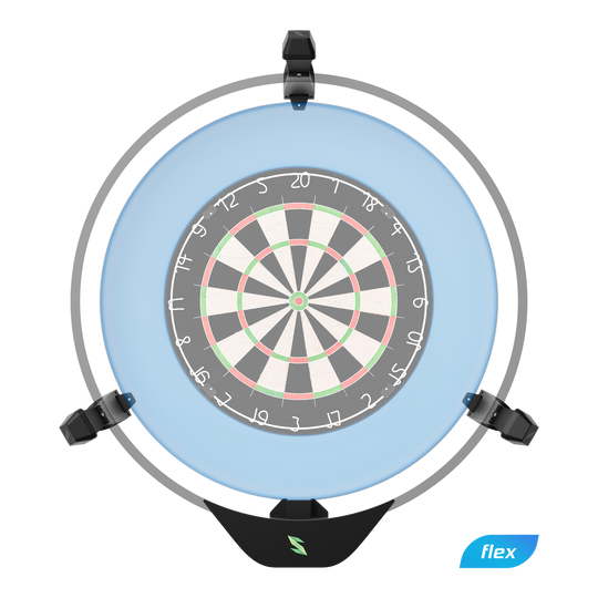 Scolia Home 2 FLEX - Electronic Autoscoring System 2026 Das Bild zeigt das Produkt "Scolia Home 2 FLEX - Electronic Score System". Es handelt sich um ein elektronisches Punktesystem für eine Dartscheibe, das von einem runden Rahmen mit blauer Beleuchtung umgeben ist.