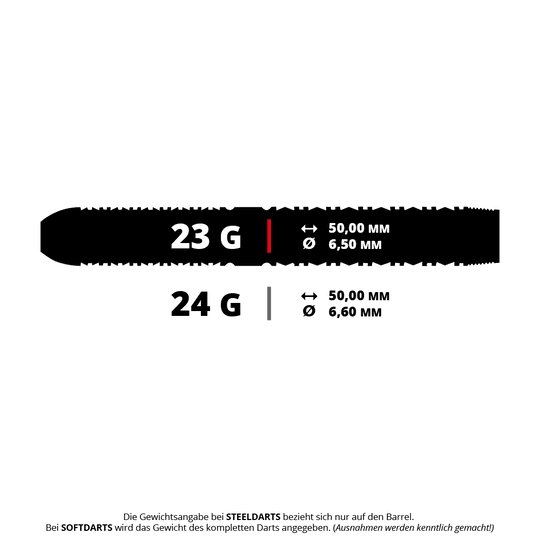 Shot Niels Zonneveld V2 steel darts Das Bild zeigt die technischen Daten von Steeldarts mit den Gewichten 23 g und 24 g. Die Länge beträgt jeweils 50,00 mm, der Durchmesser 6,50 mm bzw. 6,60 mm.