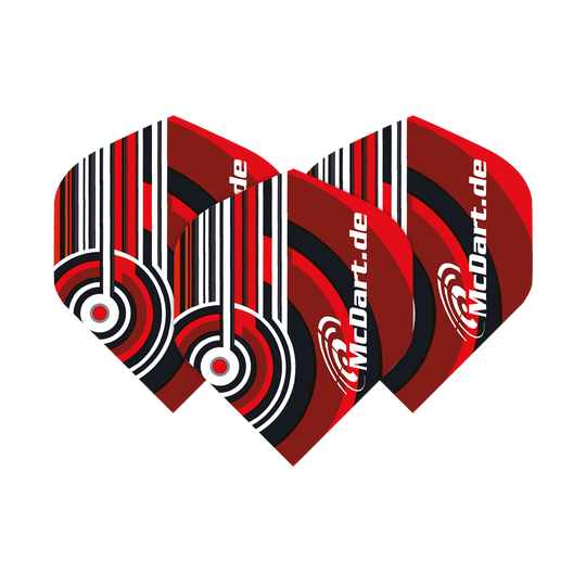 McDart Design V4 Standard Flights Das Bild zeigt die McDart Design V4 Standard Flights in einem auffälligen roten, schwarzen und weißen Muster. Die Flights tragen den Schriftzug "McDart.de" und haben ein modernes, geometrisches Design.