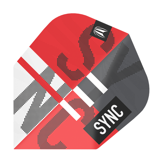 Das Bild zeigt das Produkt "Target ProUltra Sync No6 Flights". Das Design ist überwiegend rot, grau und weiß mit dem Wort "SYNC" darauf.