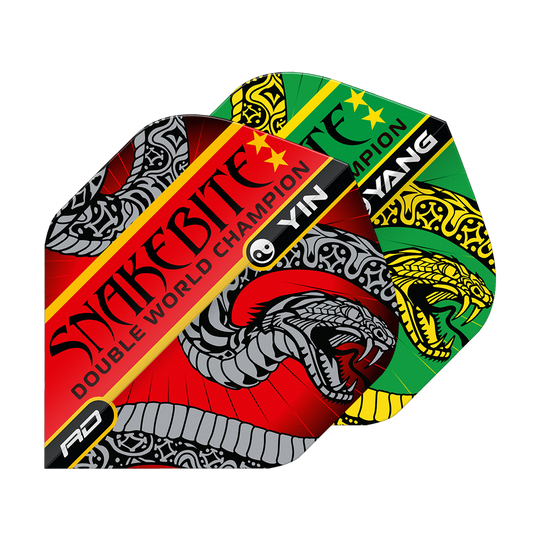 Red Dragon Peter Wright Snakebite Red Green Yin Yang Standard Flights Auf dem Bild sind zwei bunte Dart-Flights mit Schlangenmotiven zu sehen. Die Flights tragen die Aufschrift "Snakebite Double World Champion" und haben die Farben Rot und Grün.