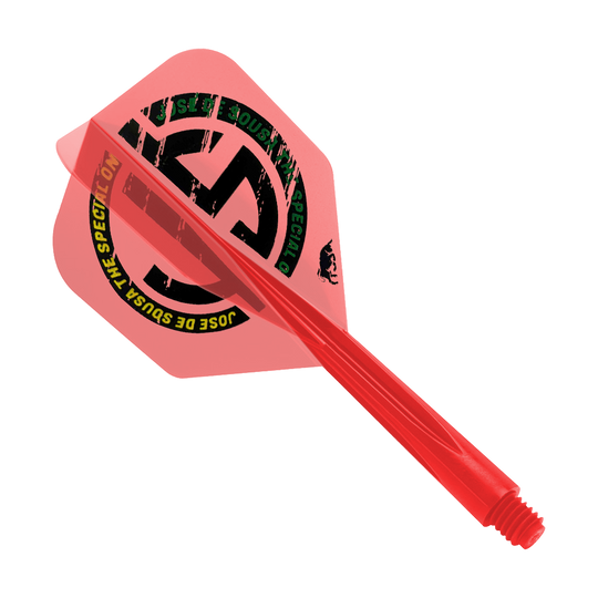 Das Bild zeigt ein rotes Dartflight-System mit der Aufschrift "Jose De Sousa The Special One". Es handelt sich um das Modell "Condor AXE Jose De Souza Special One Inspiration Flight-System" in der Größe Small.