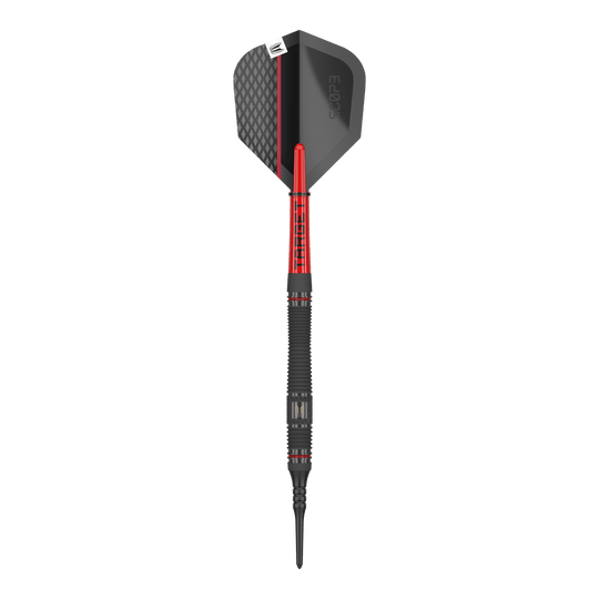Target Scope 11 Soft Darts Das Bild zeigt einen Softdart namens "Target Scope 11 Softdarts". Der Dart ist schwarz und rot mit einem modernen Design und einer strukturierten Oberfläche.
