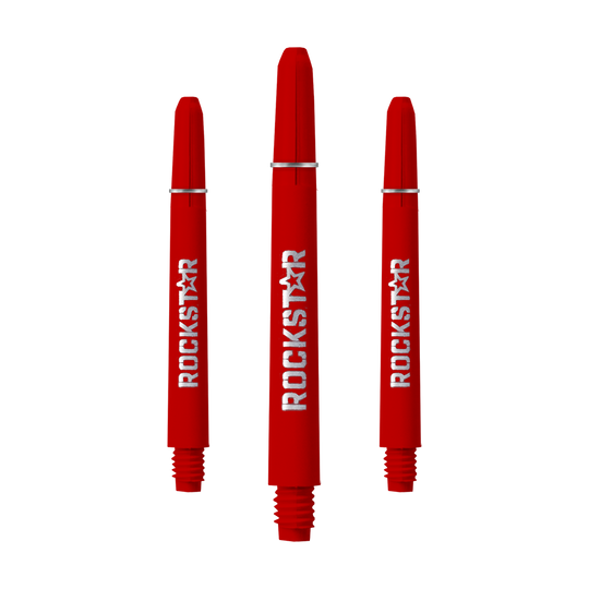 528_Rockstar_Shafts_1 Auf dem Bild sind drei rote Rockstar Shafts mit 49 mm Länge zu sehen. Die Shafts haben einen weißen "ROCKSTAR"-Schriftzug und sind unten mit einem Gewinde versehen.