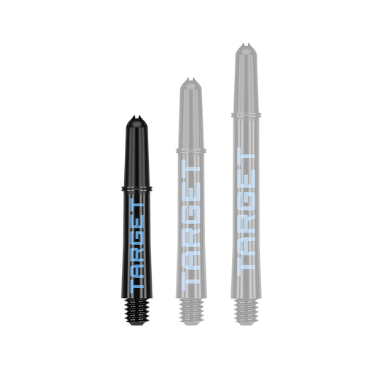 Target Pro Grip TAG Shafts - 3 Sets - Black Blue Auf dem Bild sind drei schwarze Dartschäfte mit blauer Schrift zu sehen. Sie tragen die Aufschrift "TARGET" und sind unterschiedlich lang.