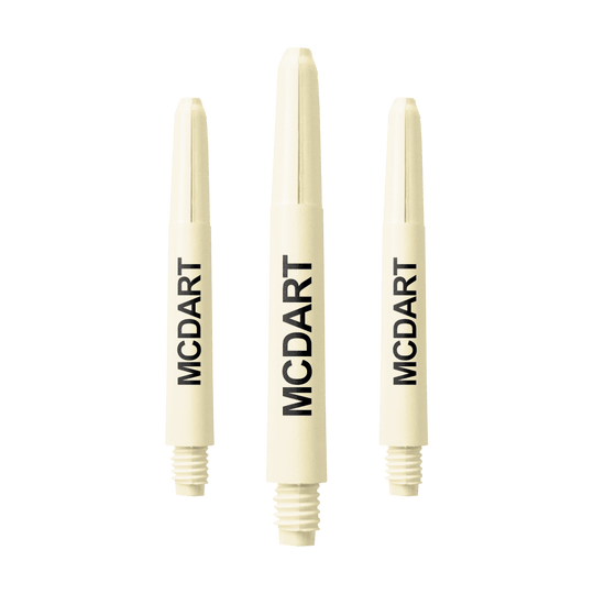 Auf dem Bild sind drei naturweiße Nylon-Dartschäfte mit Gewinde zu sehen. Auf jedem Schaft steht in schwarzer Schrift das Wort "MCDART".